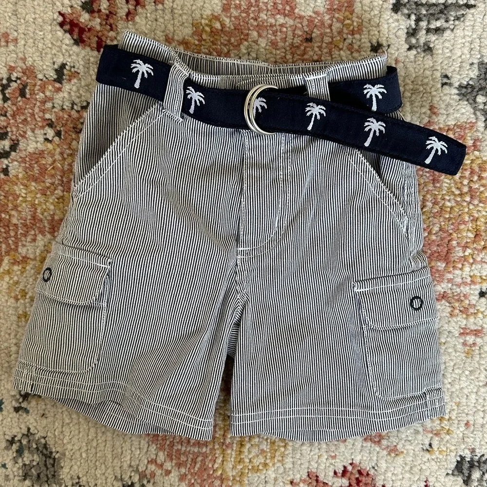 New Gymboree Striped Seersucker Cargo Shorts & Nautical Palm Belt 6-12M baby boy